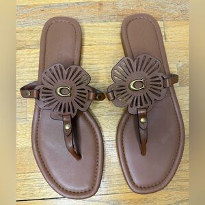 Coach Brown Leather Thong Sandals Floral Cutout Logo Size 9